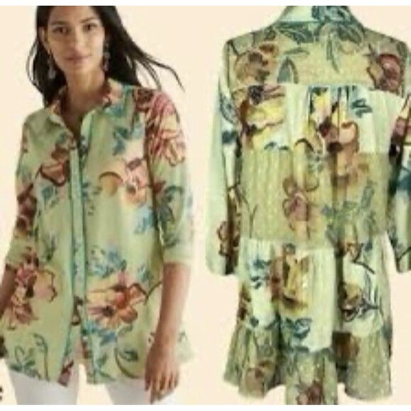 Soft Surroundings Elena Top Tropical Floral Button Down Top Size Large Bohemian - Picture 4 of 9
